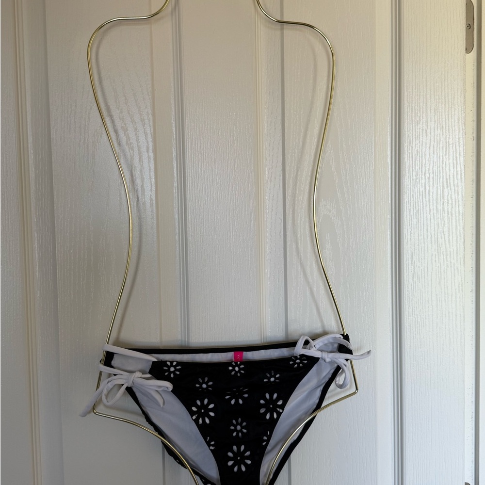 Black and White Floral Bikini Bottom with Side Ties